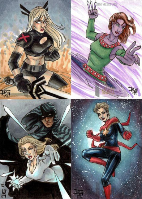 A quartet of full colour sketch cards featuring Marvel characters, arranged 2 by 2. Top left is X-Men's Magik coming up out of a hell portal with sword in hand and fist clenched. Top right is X-Men's Blink getting ready to throw daggers. Bottom left is Dagger coming out of Cloak's shadowy depths, throwing light daggers. Bottom right is Captain Marvel floating in space with stars behind her.