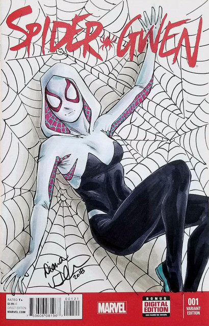 A sketch cover commission from a past convention that I particularly liked. It's of Marvel's Spider-Gwen on a sketch cover blank of the same title. Done in ink and Copic markers, the character is crouching on a background made of spiderwebs. The hooded and masked costume is white and black, with pink and teal webbed accents.