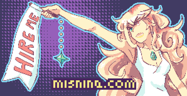 A sketchy pixel art illustration of a blonde girl dramatically holding a sign that says "HIRE ME" on it with a determined expression. This is based off of a screenshot from Kill La Kill.