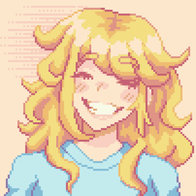 A pixel art illustration of a blonde girl with a very large grin.
