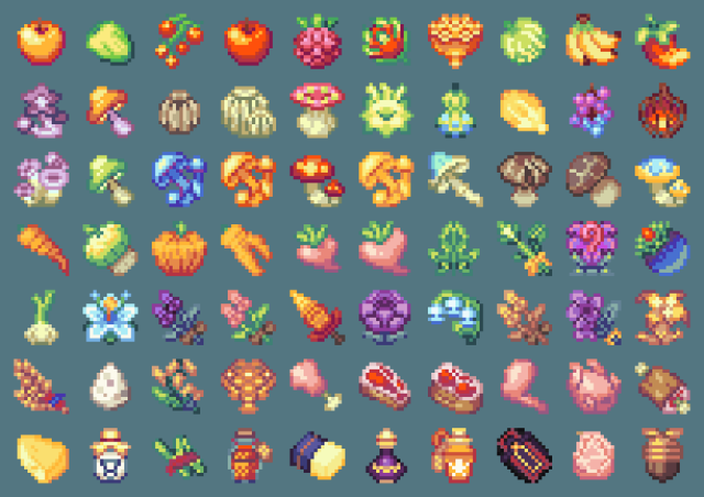 A selection of 70 pixel art icons of the legend of zelda: tears of the kingdom ingredient items.