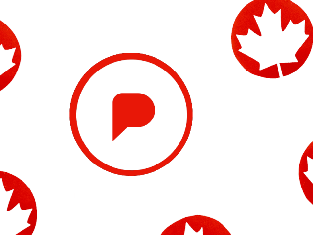 digital illustration; white background, white canadian flags inside red irregular circles surrounding the Pixelfed trademark 'P' in red inside a white circle with a red border.