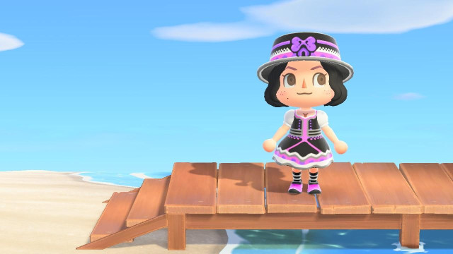 Animal crossing screenshot of the playable character wearing a black pink and purple colored outfit with white and gray frills