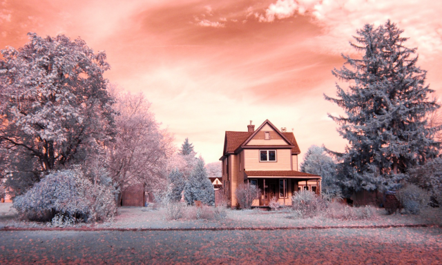 A pretty farmhouse sits of a wide lot on an alien tinted planet with blue trees and a striking orange sky. 