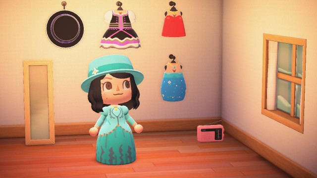 Animal Crossing screenshot of the playable character posing in the new outfit. There are clothes hanging behind her