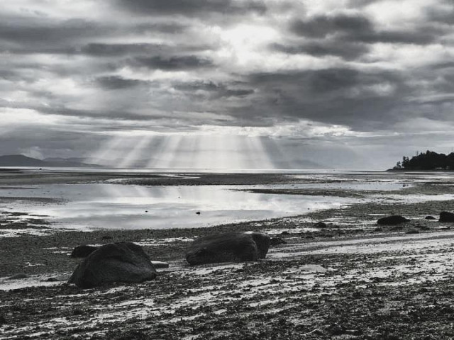 A serene black-and-white landscape captures a shoreline at low tide. Sunlight streams through dark clouds, illuminating the water and creating a reflective surface. Several large rocks are visible along the shore, enhancing the natural beauty of the scene.