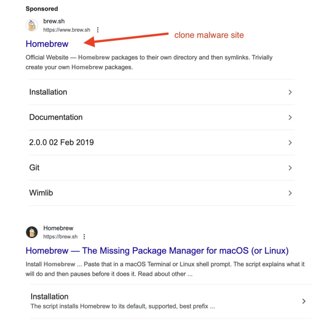 Example of Google search result for Homebrew where the first hit is a malware link