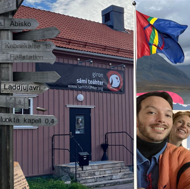 This is a picture of the outside of Giron Sámi theatre. There is a Sámi flag next to it which is red and blue with a green and yellow stripe in the middle, and an inverse blue and red circle. There is another selfie of me and a friend, we both have short hair, mine is dark and hers is ginger. We are smiling at the camera in front of an arctic lake.