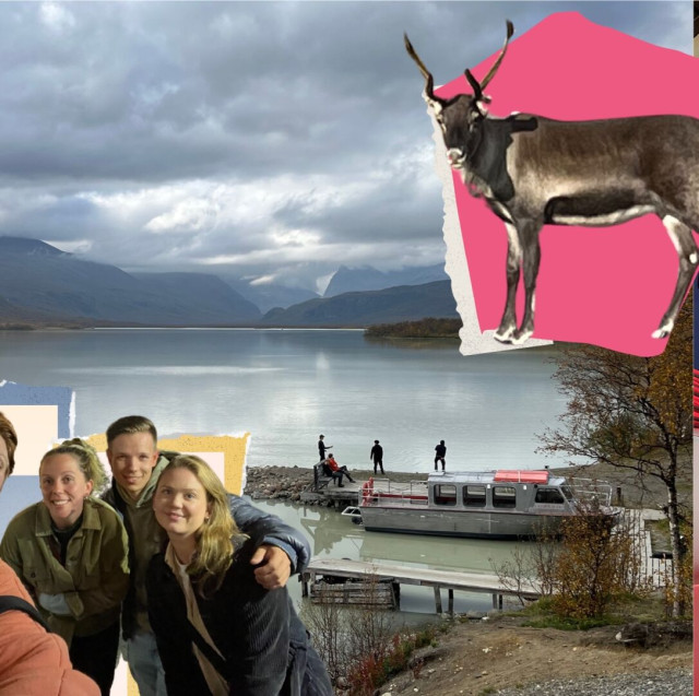 There are three friends in this picture, two swedes and a Norwegian. They are all in their twenties with light hair. Behind them is the rest of the Arctic lake, there are hills and some boats. It is a beautiful scene. There is also a pink pentagon like a sticker with a reindeer stood over it.