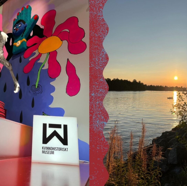 This is two pictures split down the middle, on the left is a colourful wall mural of a flower and a sign for the Women’s History Museum in Umeå. In the right is a view of the sunset over the river Ume in Umeå. There are black trees on the furthest bank of the river. It is a peaceful image.