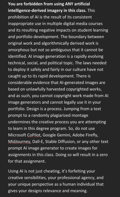 A screenshot that states a policy on AI use in a class.