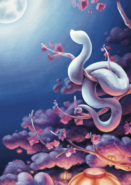 View of a work in progress of a white snake looking up at a full moon  shining in the corner of the drawing. The snake is wrapped around the branch of a Sakura tree lit up by a lantern at the bottom. The light of the moon shines cold on the snake’s face, but the lanterns shine warm under him. In the background, more trees and lanterns are visible.