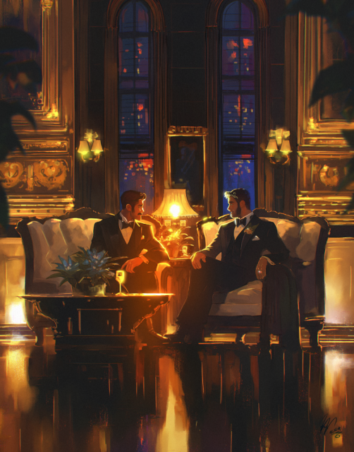 Illustration A warm setting with two people in tuxedo talking to each other from two different chairs