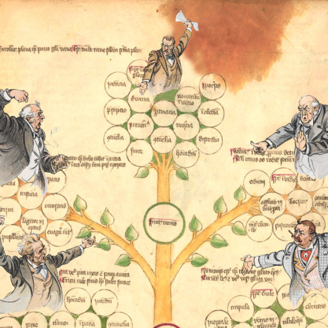 A page out of a medieval hand-illuminated grimoire; it is an illustration of a tree, with each branch terminating in a demon; these branches are annotated in an unknown script. The demons have been replaced with 19th century caricatures of shouting millionaire industrialists.