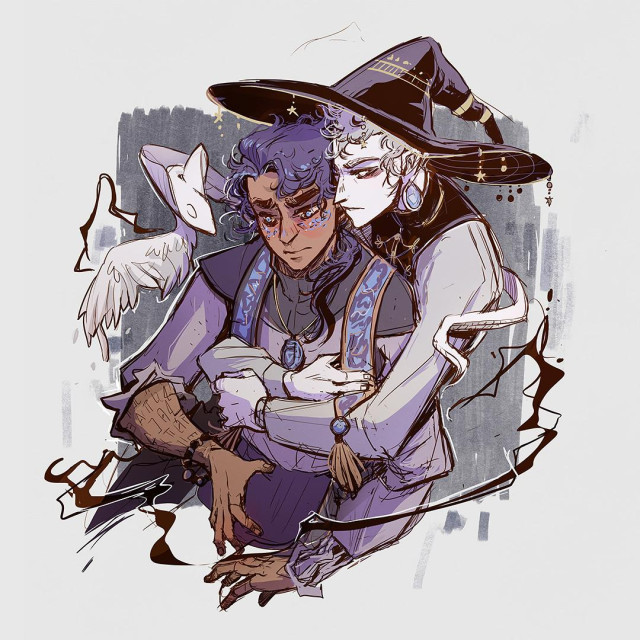 Digital Sketchillustration of a man with white skin and short curly hair and a big pointy witchhat, hugging a dark skinned man with violett/blueish hair, blue freckles and ominous symbols on his right forearm from behind. The expressions are a little sad and melancholic. Magic swirls around them, also there is a white snake with angel wings.