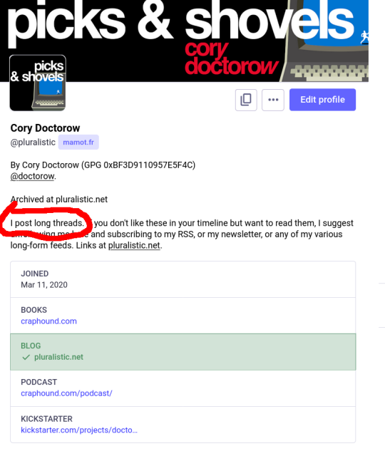 My Mastodon bio, with the phrase "I post long threads" circled in red.