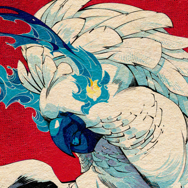 Close up picture of a comic style cockatoo with burning eyes