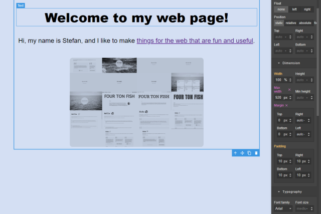 A screenshot of the page building interface, with a sidebar on the right listing various CSS style properties, and a preview of a page that's being built in a larger column on the left, with some of the sections highlighted with a blue border.