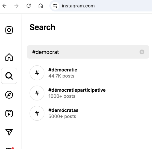 No Instagram search results for #democrat.  Suggested completions are #démocratie, #démocratieparticipative and #demócratas