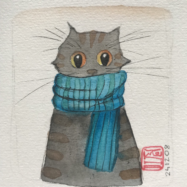 Watercolor tabby with big eyes wearing a blue striped scarf