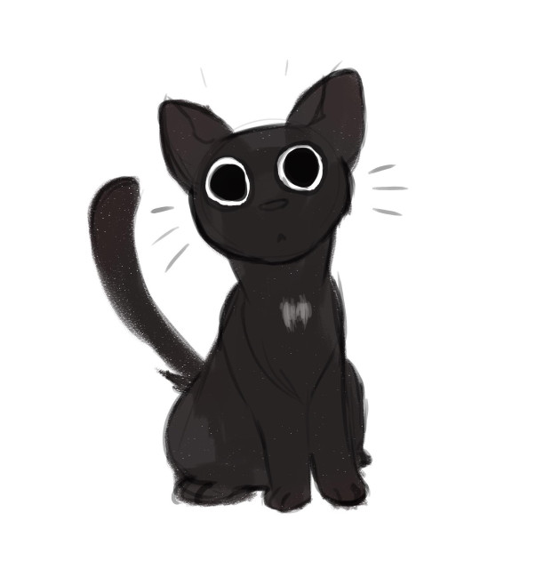 Cartoon sketch rendition of the owner’s black cat. The artist made the cat’s exaggerated and fully dilated eyes stare at the camera in a cute and comedic fashion. The cat seems curious or shocked.