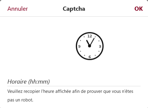 A captcha where you need to copy the hour displayed on the image of a clock where you can see 3, 6, 9, 12 and other numbers are dots.