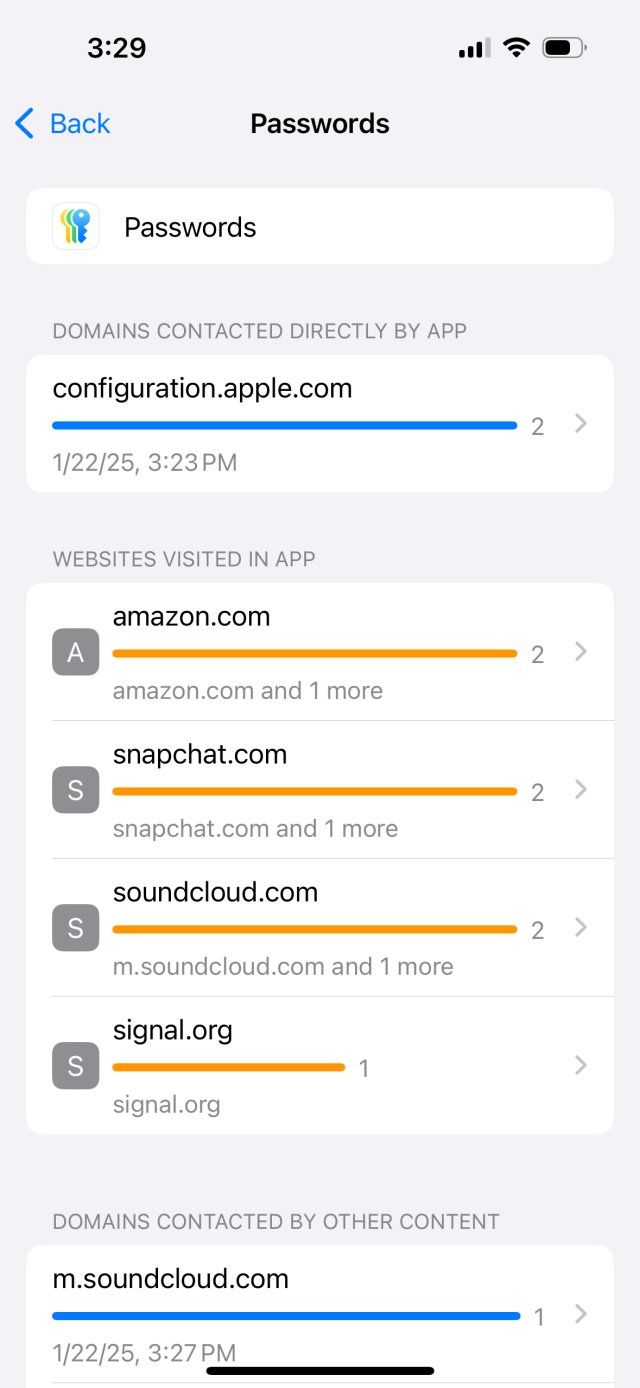 The detailed view of the Passwords app in the Privacy report:


Passwords
DOMAINS CONTACTED DIRECTLY BY APP
configuration.apple.com

WEBSITES VISITED IN APP
....