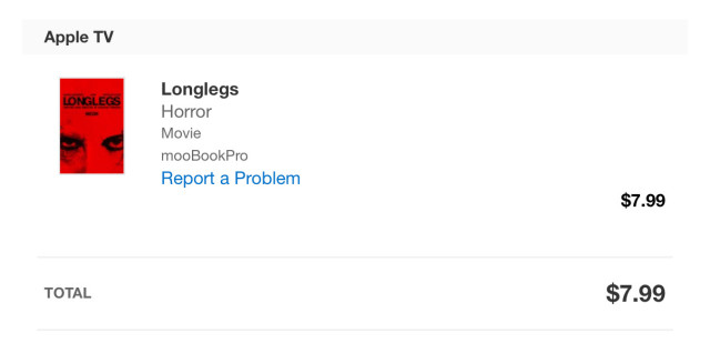 Screenshot of Apple TV receipt for Longlegs purchase at $7.99.