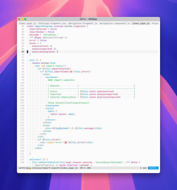 Screenshot of code in Heilx editor on MacOS (index.page.js is active with other inactive tabs showing: another index.page.js, Settings.fragment.css, Navigation.fragment.js, Navigation.component.js, Place-)

Visible code listing is in the next post due to arbitrary Mastodon character limits on alt text.