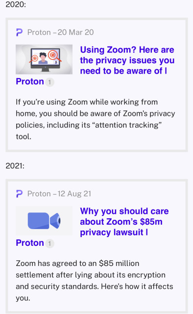 Two blog posts from Proton highlighting the privacy issues with Zoom published in 2020 and 2021