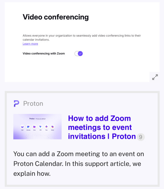 Proton showcasing how you can add Zoom meetings to Proton Calendar automatically with a new built-in feature