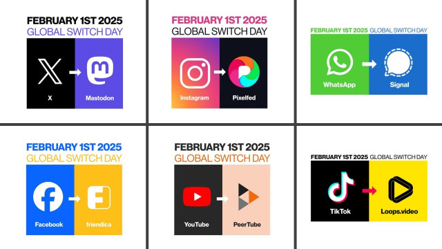 Image displays promotional graphics for "Global Switch Day" on February 1, 2025. It features icons indicating a switch from popular platforms like X to Mastodon, Instagram to Pixelfed, WhatsApp to Signal, Facebook to Friendica,