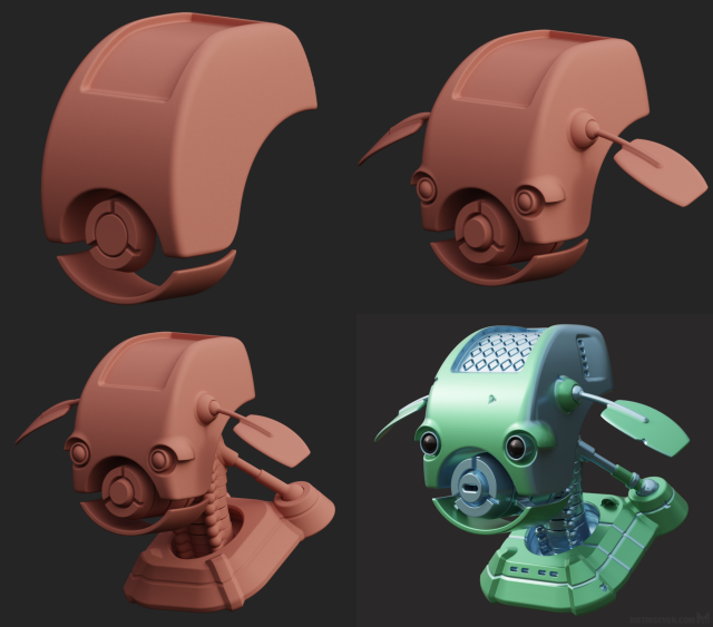 Four creation stages of a 3D rendering of a robot bust design with a friendly expression.