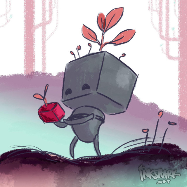 Digital sketch of a happy little cube-headed robot offering someone offscreen a cubical apple, standing in a friendly-colored abstract forest of pinks, violets, and gentle aqua.