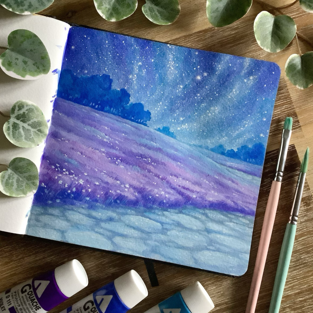 A photo of an open square sketchbook placed on a wooden table, surrounded by paint brushes, paint tubes, and leaves for decoration. The page features a purple/blue rural landscape under a starry cosmic sky. A paved road disappears around rolling hills of purple grass with tiny white flowers and a few blue tree lines are visible in the distance.