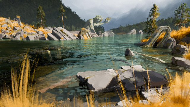 A digital painting of the Thornwash River, where the fallen statue of Lathander rests among ancient ruins. Partially submerged in the clear waters, the massive figure reaches forward, its once-majestic form now covered in moss. Golden grasses and sparse trees grow among the crumbling stone, while misty mountains rise in the distance, adding to the river’s mysterious, timeworn atmosphere.