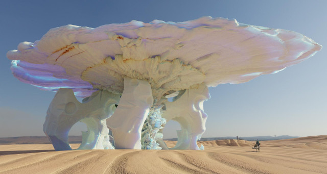 Digital rendering of a giant outcrop of salt formation accumulating from desert winds or perhaps a petrified coral from eons ago when it was an ocean.