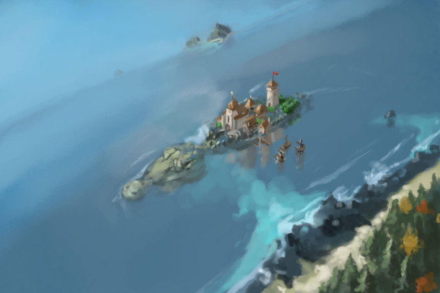 Digital painting of medieval fishing village atop a giant crocodile, floating near an island