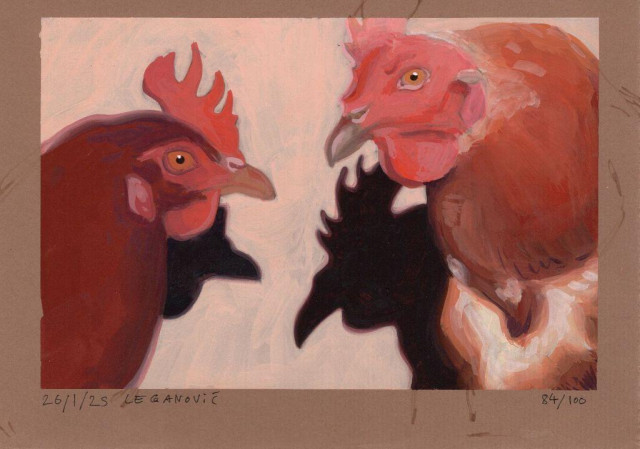 a painting done in opaque watercolor on brown paper, of the heads of two reddish brown chickens facing each other, each seen in profile, with warm evening sun casting stark shadows of their heads on the pale peach wall behind them.

The edges of the painting against the unpainted margins of the paper are sharply delineated where it was taped off during painting, and it is dated, signed and numbered in the bottom.