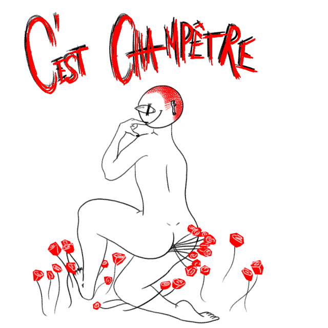 Texte : c'est champêtre. Dessin numérique en noir et rouge. Une personne est accroupie dans des roses dont certaines sortent de ses fesses