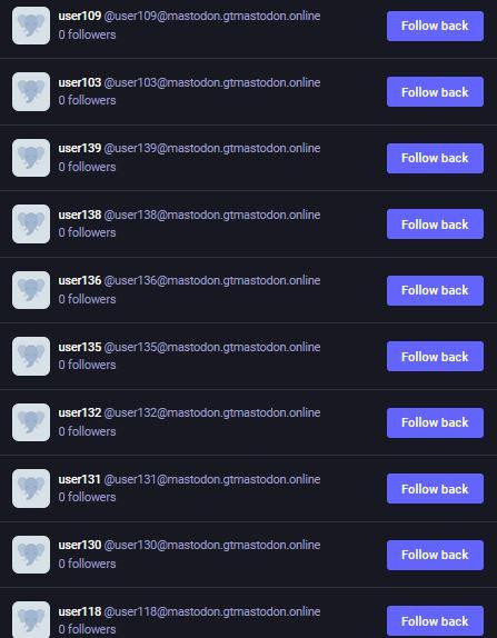 A screenshot of a list of gtmastodon.online accounts named 'user' followed by a random number, which are following @madeindex on Mastodon.