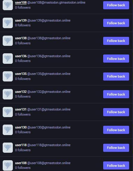 A screenshot of a list of gtmastodon.online accounts named 'user' followed by a random number, which are following @madeindex on Mastodon.