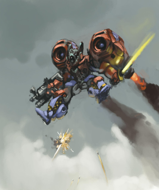 Digital painting of anime style mecha, with oversized jump jet shoulders, descending.
It is holding a gun in its right hand, and an energy sword in its left.