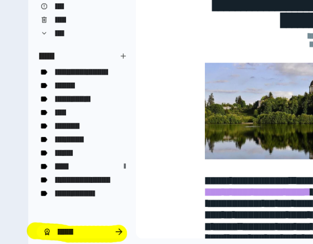 A cropped screenshot of the GMail web interface with  all text redacted, and the "Upgrade" button highlighted with yellow.