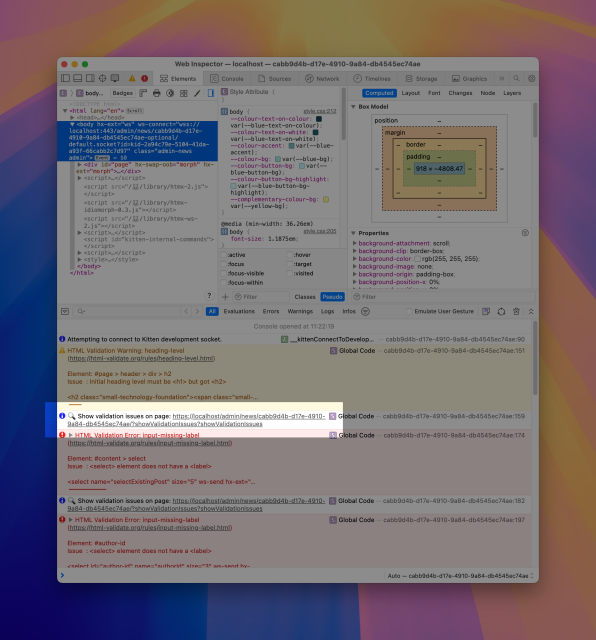 Screenshot of web developer panel in Safari for the page described in the first photo with a link in the list of validation errors in the console highlighted: 🔍 Show validation issues on page: https://localhost/admin/news/cabb9d4b-d17e-4910-9a84-db4545ec74ae/?showValidationIssues