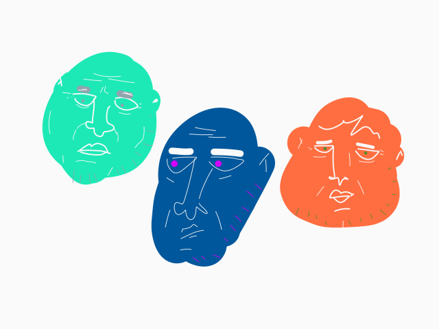 A drawing of three stylized, colorful, floating heads of what appear to be older guys, all looking somewhat unamused. Each head is made up of a solid, vibrant color, green, blue, and orange, with stylized facial features drawn in white, with a few dashes of different colors for one person's gray eyebrows and pupils of the other two people, which are hot pink and dark green. Two of the heads appear to be bald.