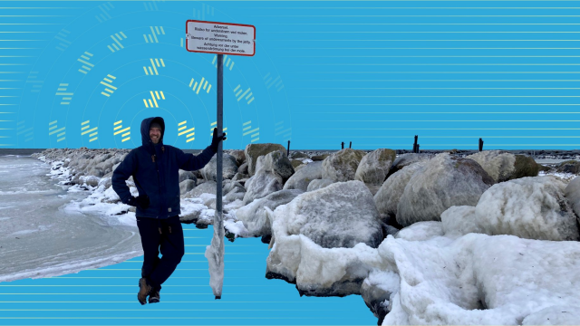 Bjørn Næsby standing in a sea of frozen waves.