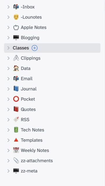 A digital folder list displays icons and labels for organizing notes and data. Categories include Inbox, Blogging, Classes, Data, Journal, RSS, and more, each with unique icons for easy identification.