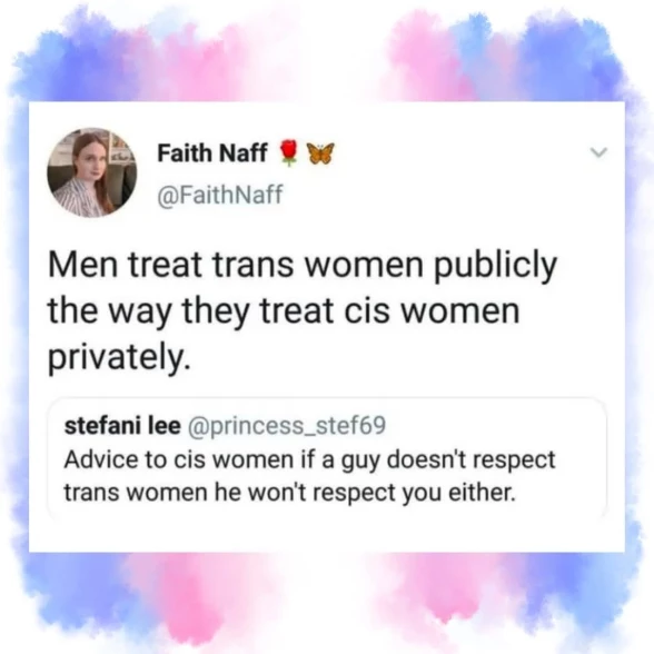 Twitter post from `@FaithNaff` saying: "Men treat trans women publicly the way they treat cis women privately." and a follow-up from `@princess_stef69`, "Advice to cis women if a guy doesn't respect trans women he won't respect you either."